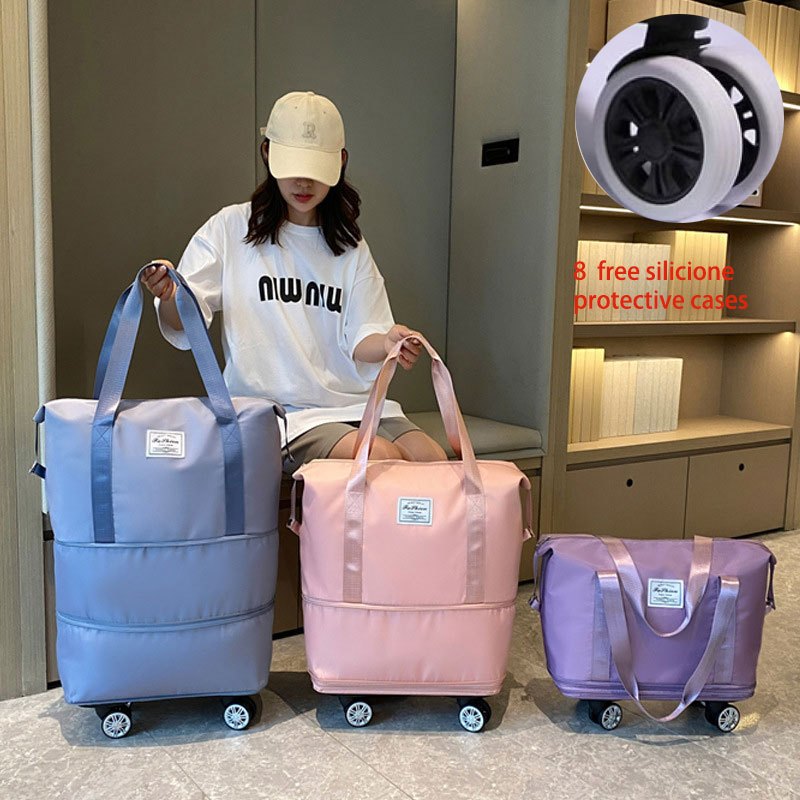 Large Capacity Roller Travel Bag Beg Roda Portable Double Layer Handbag Extendable Foldable Gym Bag Weekender Bag Duffel