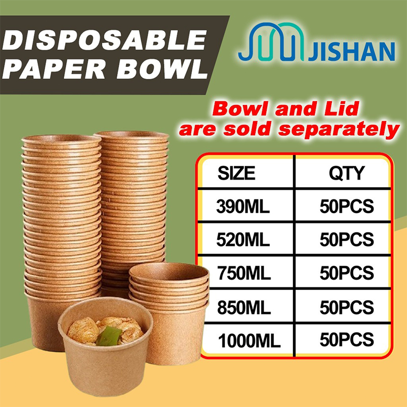 [50pcs] 390/520/750/850/1000ml Paper Bowl Lid TAPAU Hot Soup Laksa Bubur Mungkuk Kertas Disposable Bowls Container 纸碗