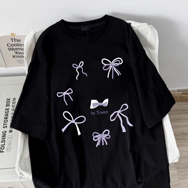 Korean women clothing | Oversized Crew Neck T-shirt 100% cotton | bow-knot print  stylish casual tops y2k