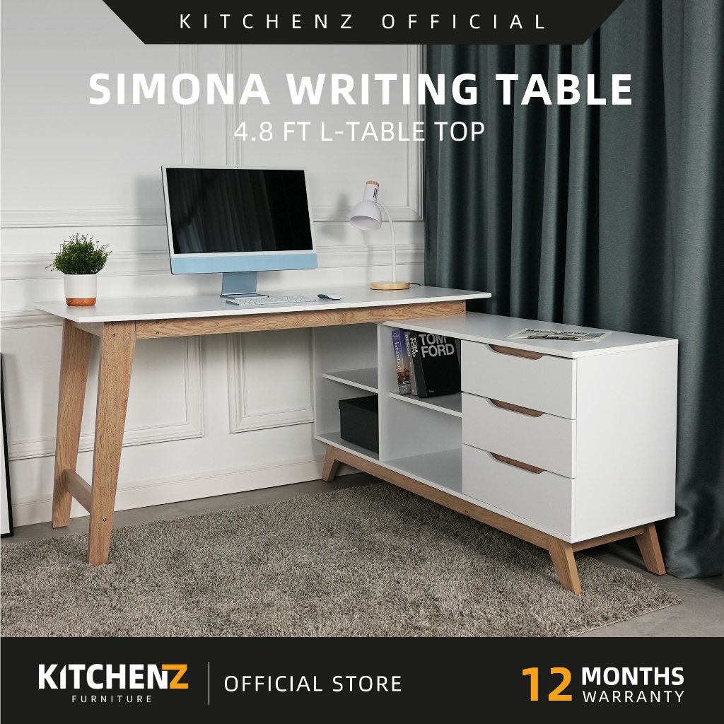 KitchenZ Simona Series 4.8FT Writing Table with Storage Office Table Executive Table L-Shape Table - S4-NO+WT