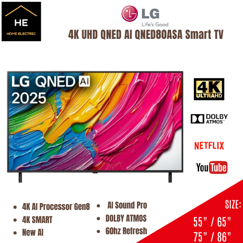 LG 55"/ 65"/ 75"/ 86" 4K UHD QNED AI QNED80 Smart TV QNED80ASA Televisyen