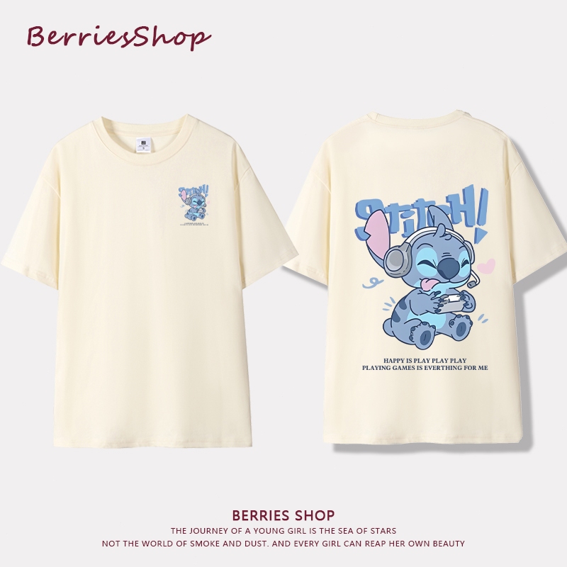 Korean style 100% pure cotton round neck top with Stitch print for women's casual loose short sleeved T-shirt