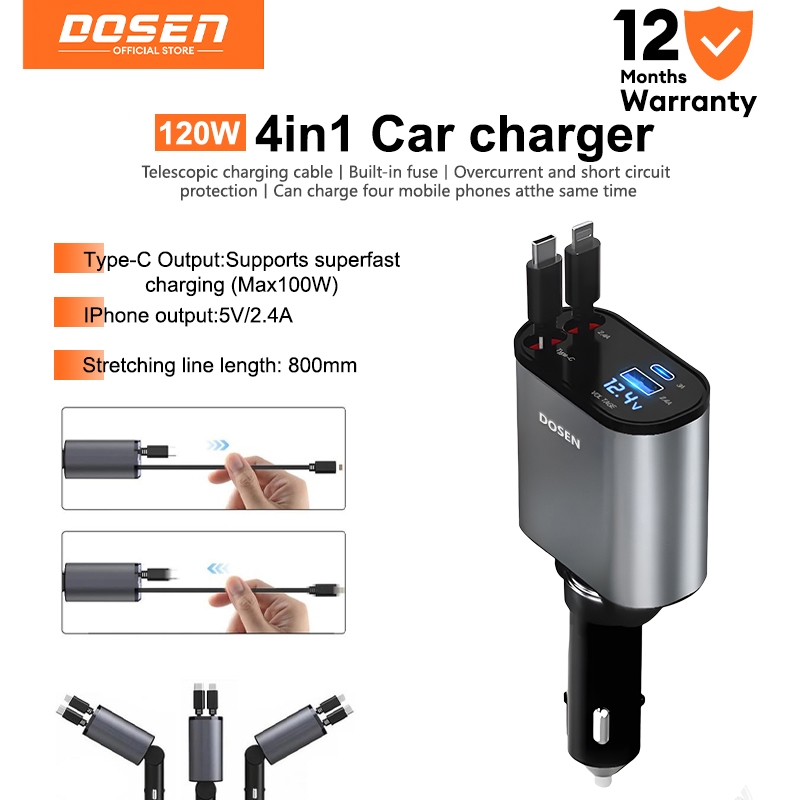 DOSEN Retractable Car Charger 120W Charging 4in1 USB Type C Scalable Car Phone Charge For iPhone charger power adapter