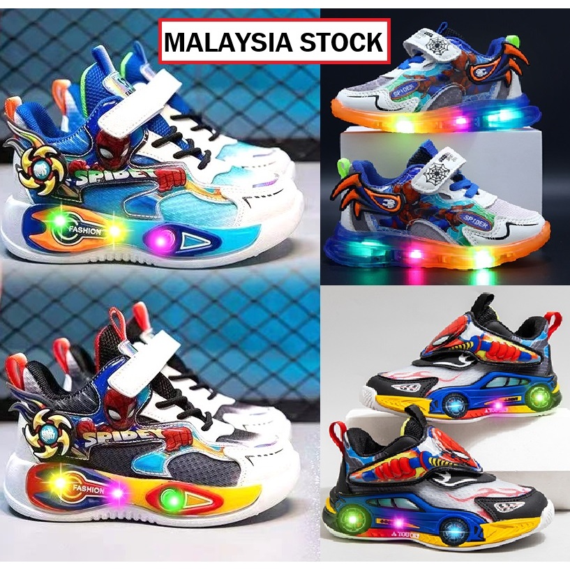 age 2-9 Spiderman Ultraman LED Light Kasut Boy Sneakers Budak Sport Shoe Kanak Lelaki LED Shoe