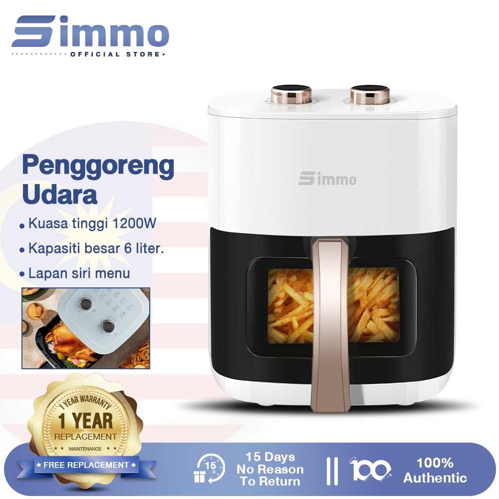 Simmo Air Fryer 1200W Mini Air Fryer oven Visible Window 360° Hot Air Circulation 6L Multi-Fryer Simple Twin Knobs空气炸锅