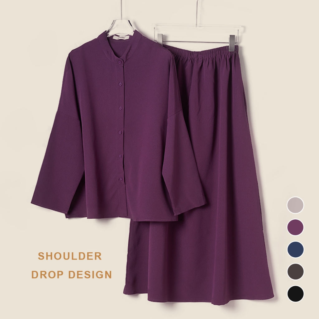 YOUMILIER Women Suit Round Neck Set Loose Skirt Baggy baju - Black/Dark Brown/Dark Blue/Pastel Pink/Purple YM-WM-015