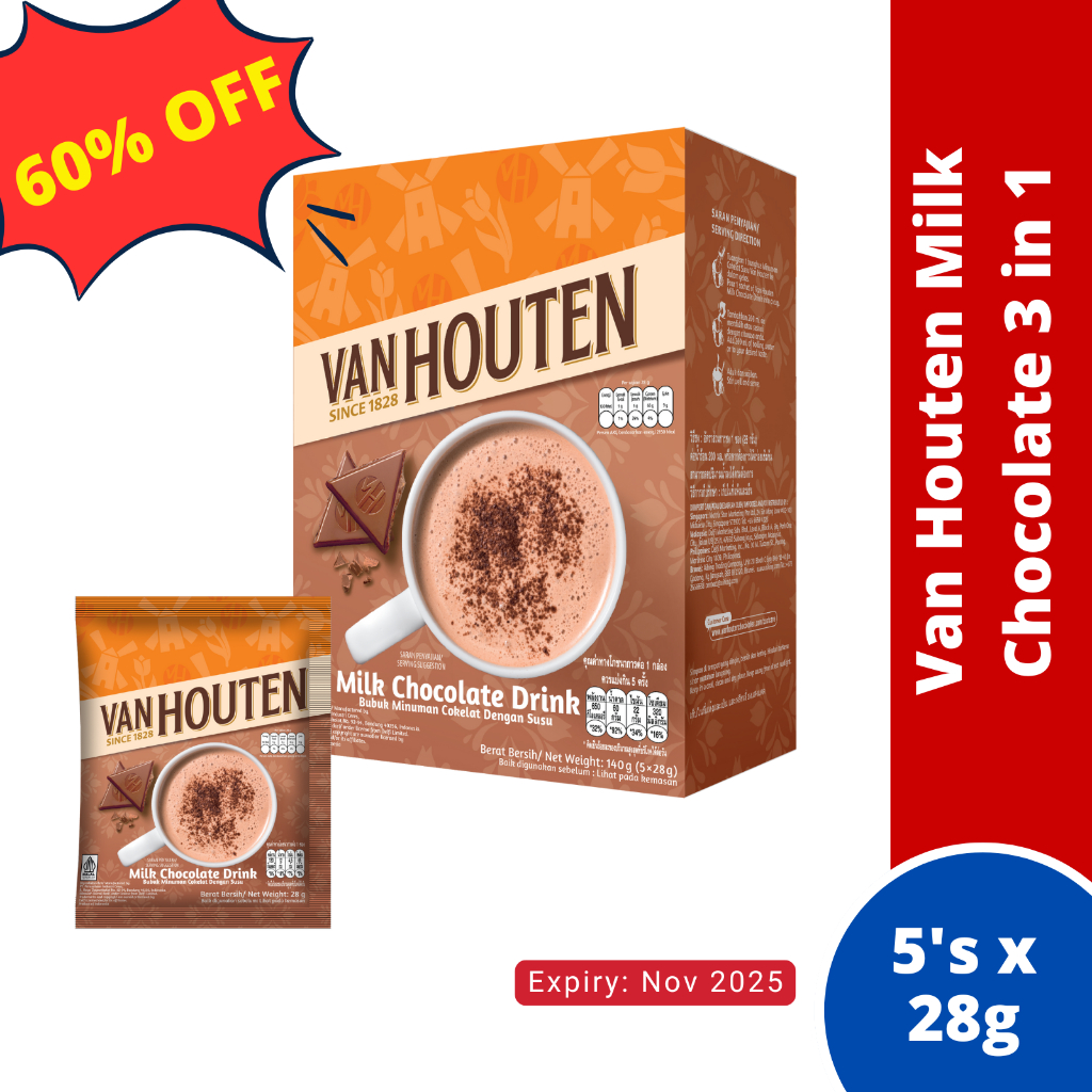 Van Houten Minuman Coklat Susu Milk Chocolate 3 in 1 Drink (5 sachets x 28g) [HALAL] - Exp: Nov'25