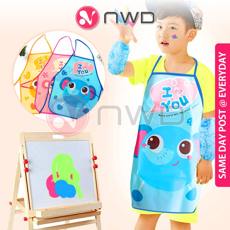 《 》Cute Cartoon Children Arm Sleeves Apron Waterproof Kids Art Painting Cooking Baking Kitchen Aprons 小孩围裙