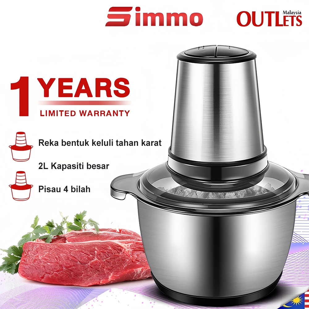 Simmo Electric Meat Grinder 2L Chopper Blender Stainless Steel Food Processor Large Capacity Blender