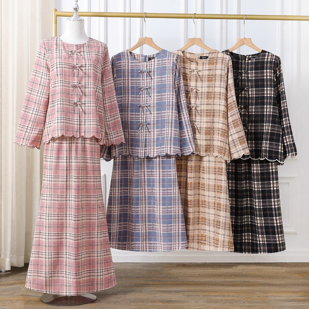 Pickone Fashion Baju Krung Ribbon Baw Muslimah Plaid Printed Kurung Moden Premium Embroidery Murah Viral Wanita D025