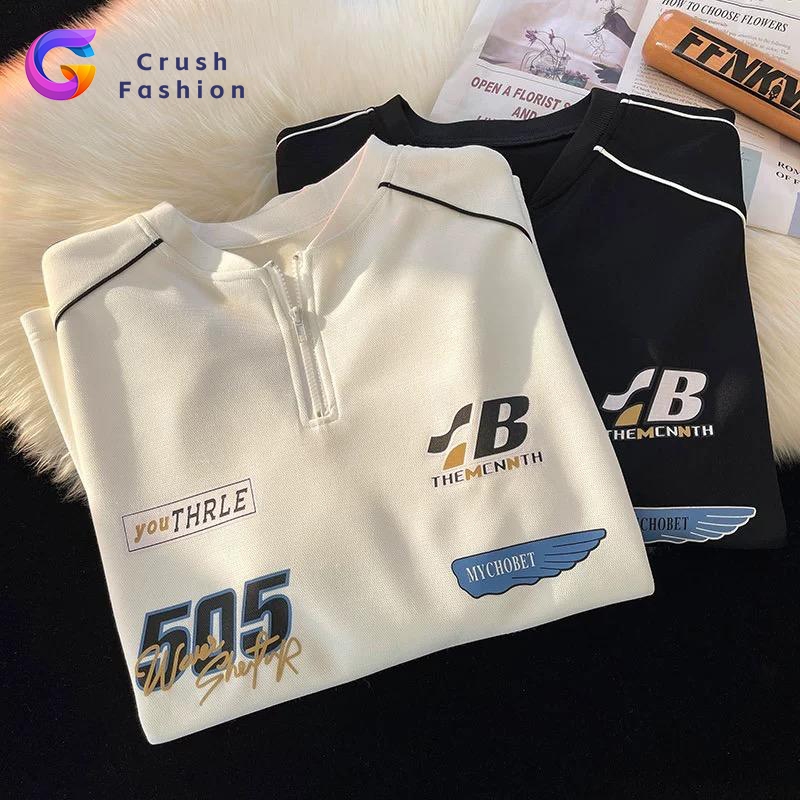 Crush Fashion Korean Oversized Motorcycle Zipper Polo Shirt Summer All-match for Women Trendy Letter Printed Top