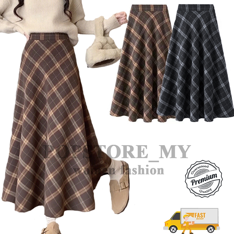 Ready Stock Korean Plaid A-Line Long Skirt for Women Retro Fashion High Waist Pocket Causal Loose Maxi Skirt