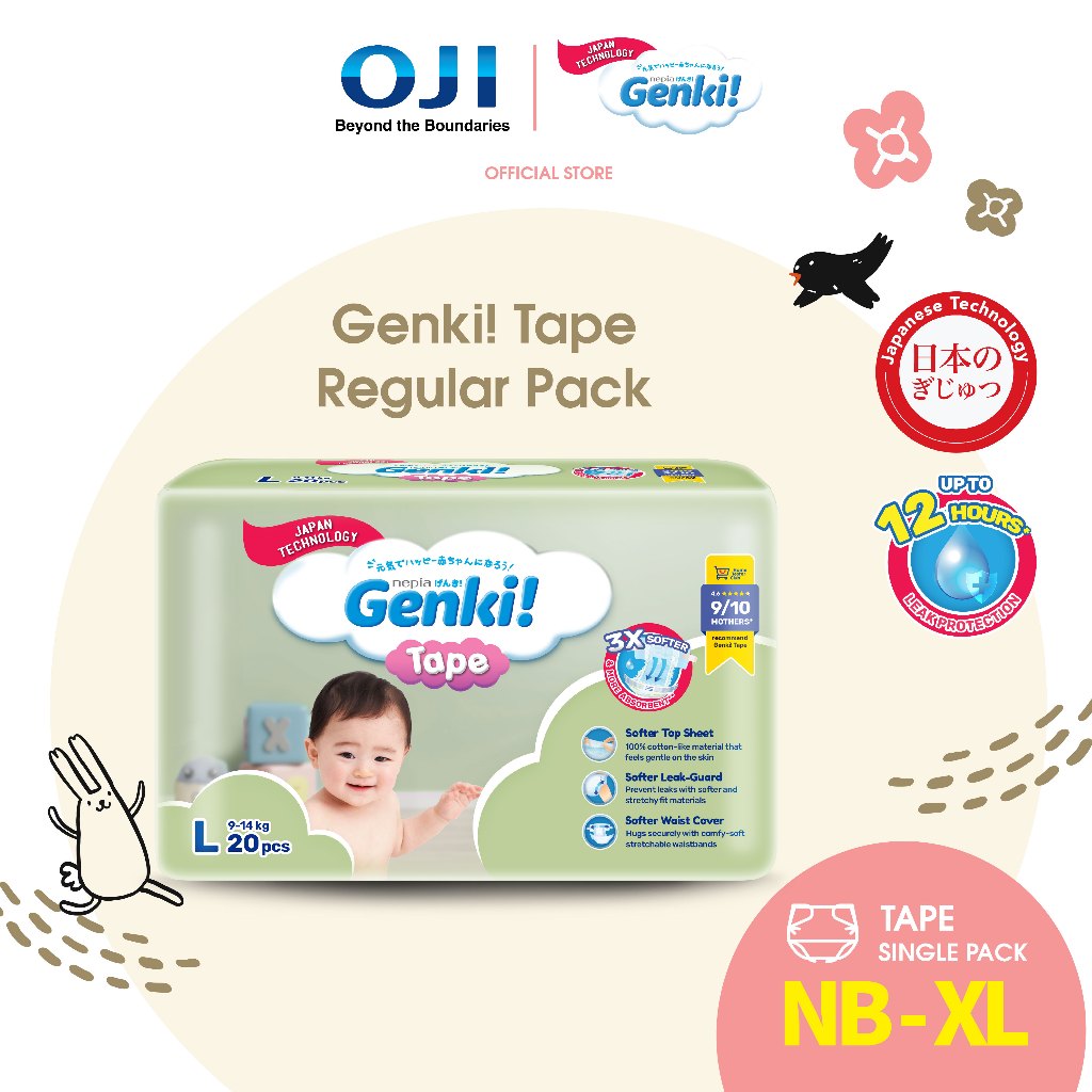 Genki! Regular Tape Diapers Baby - Size NB (28's)/S (28's)/M (24's)/L (20's)/XL (18's)