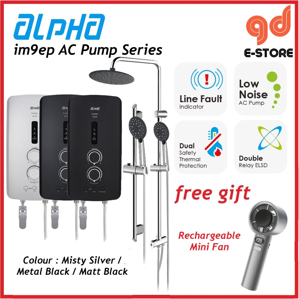 [Free Gift] Alpha Water Heater IM9EP Ac Pump Model Rain Shower Matt Black Metal Black Silver im9