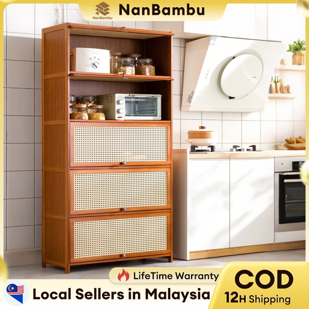 【In Stock】Kitchen Cabinet Kabinet Dapur 5Layer Bamboo Almari Dapur Kitchen Cabinet Rattan Storage 橱柜