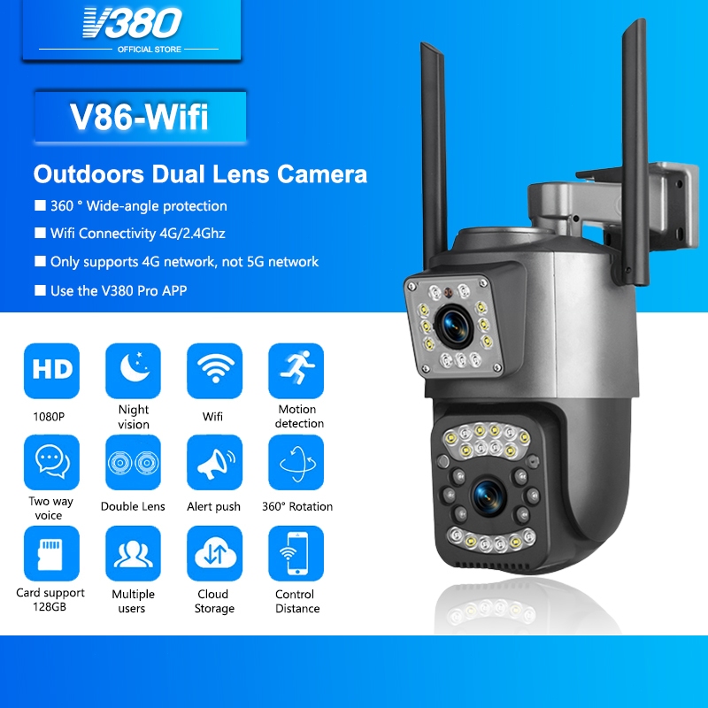 V380 Pro V86 Dual Lens Wifi CCTV Wireless Outdoor Waterproof 4G Sim Camera Night Vision Two-Way Voice