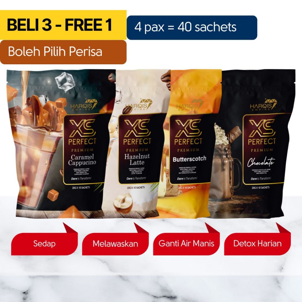 [Buy 3 Free 1] XS Perfect Premium Series Minuman Sedap Detox, Melawaskan Perisa Coffee, Coklat, Matcha - Ganti Air Manis