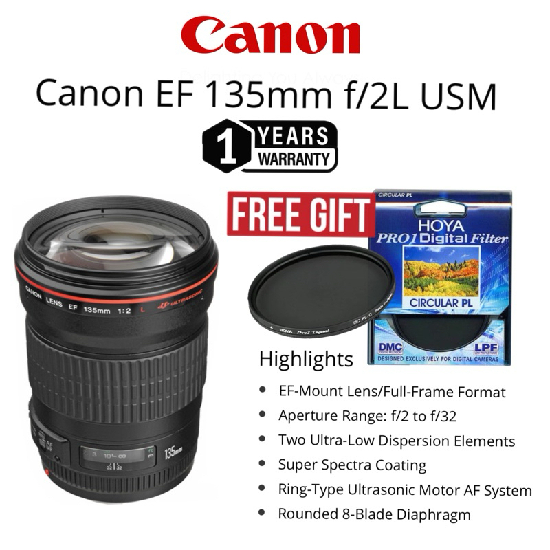 CANON EF 135MM F/2L USM LENS ORIGINAL (1 YEARS WARRANTY) ULTRASONIC 135MM F/2 HIGH SPEED LENS CANON 135MM EF MOUNT