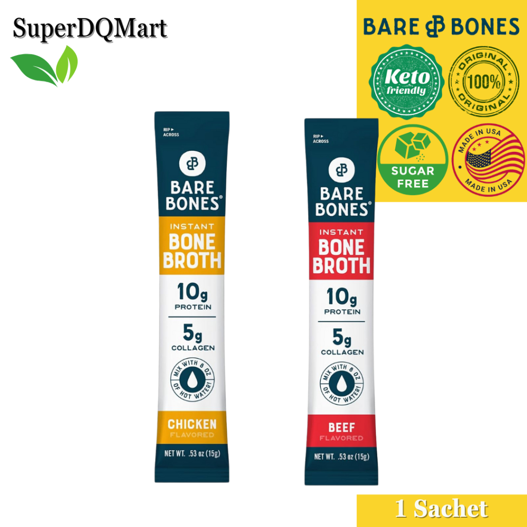 BARE BONES Keto Bone Broth Instant Powdered Mix, Chicken/Beef 15g 1 Sachet-Sugar Free | Low Carb USA