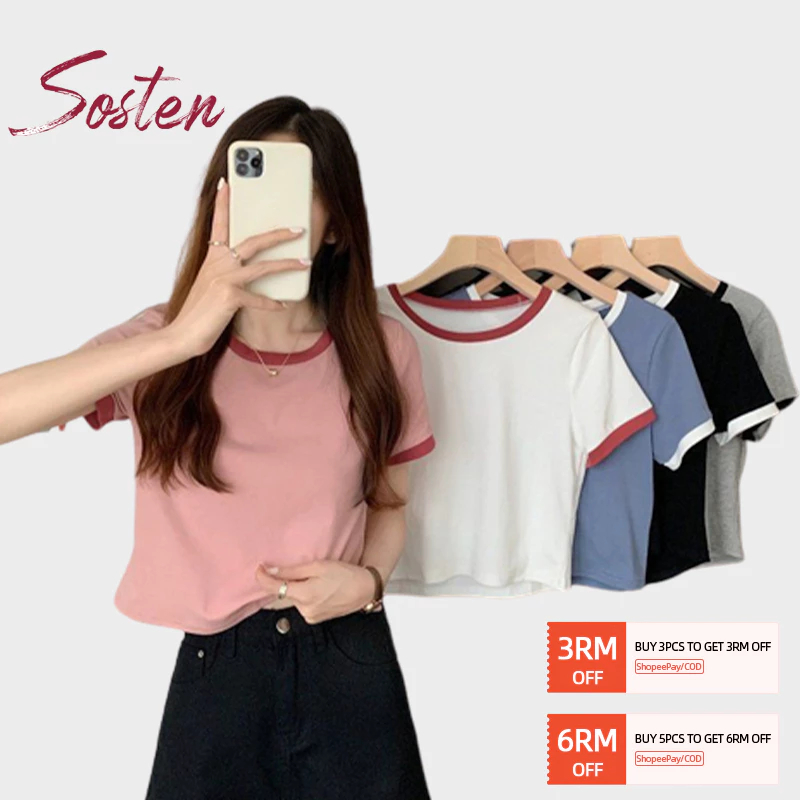 【NEW 2024】ST316 M-2XL Women Korean Style Short T Shirt Crop Top Slim Solid Color Short Sleeve Round Neck Casual