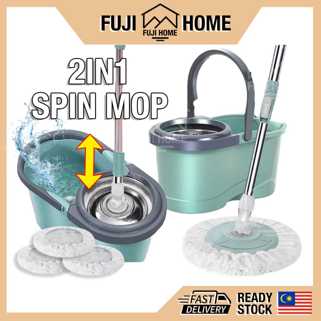 ?READY STOCK?Spin Mop With Spinner Stainless Steel Bucket Auto Spin Mop Magic Spin 360 Tornado Mop Hands Free Mop Lantai