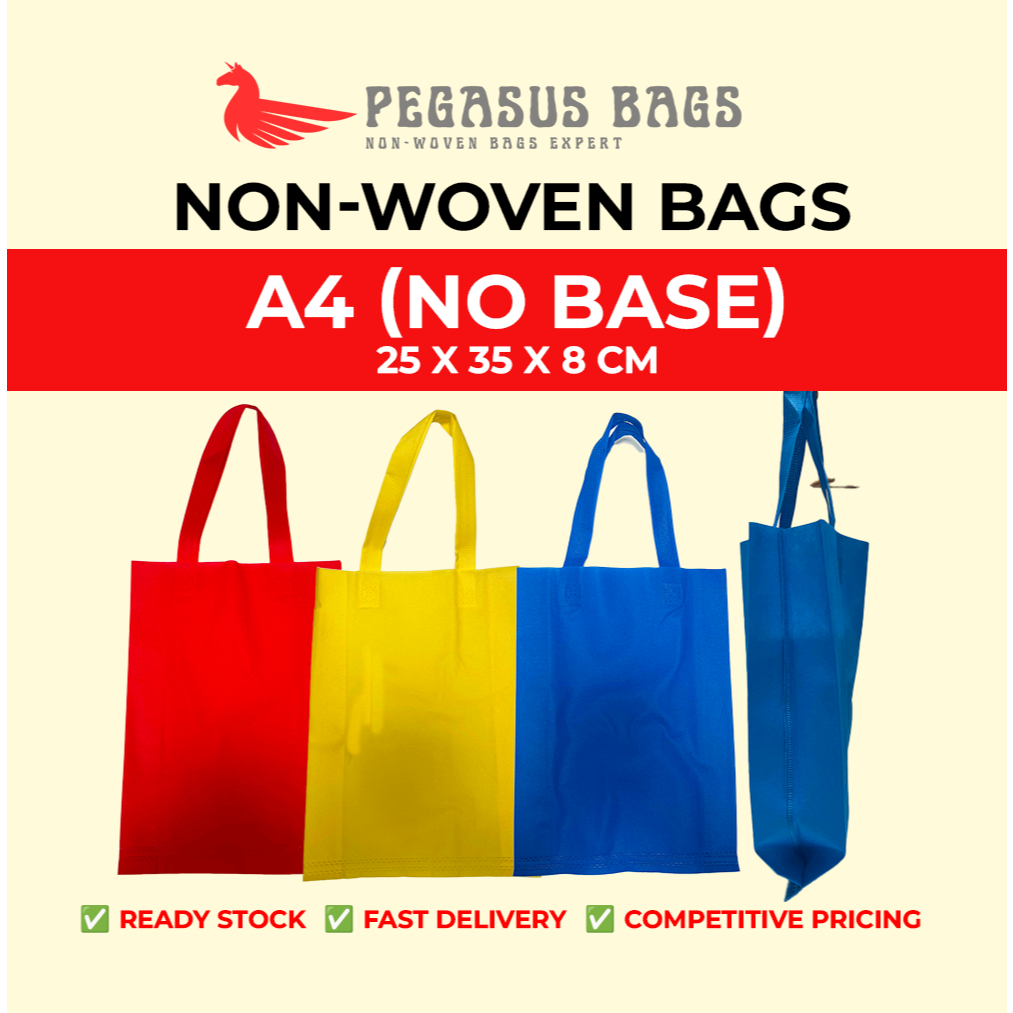 NO BASE A4 SIZE / CHEAPEST NON WOVEN BAG/ 25x35x8 / ECOBAG / GOODIE BAG / DOORGIFT BAG BEG KAIN