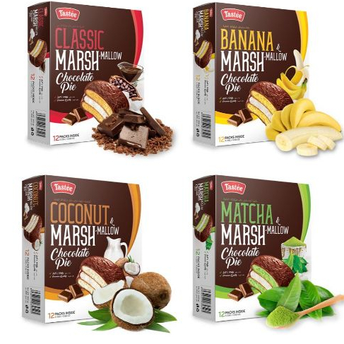 Tastee Marshmallow Chocolate Pie With Classic, Coconut, Banana, or Matcha Flavour 1Box x 300g, Halal Certified 12 pcs