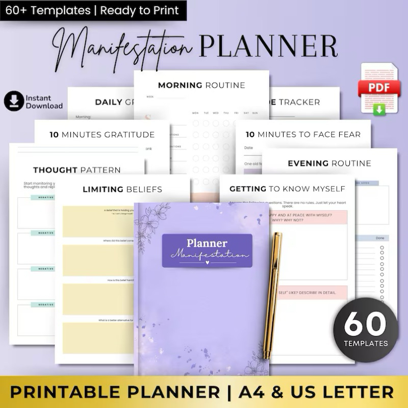 Manifestation Journal Planner - Digital Wellness Planner, Daily Gratitude, Law of Attraction, Daily Routine Tracker