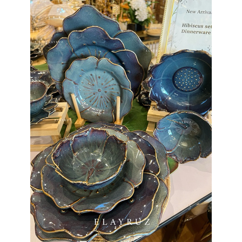 Elayruzdeco-Handmade ceramic dinnerware Hibiscus,pinggan mangkuk ceramik buatan tangan,flower pattern dinnerware