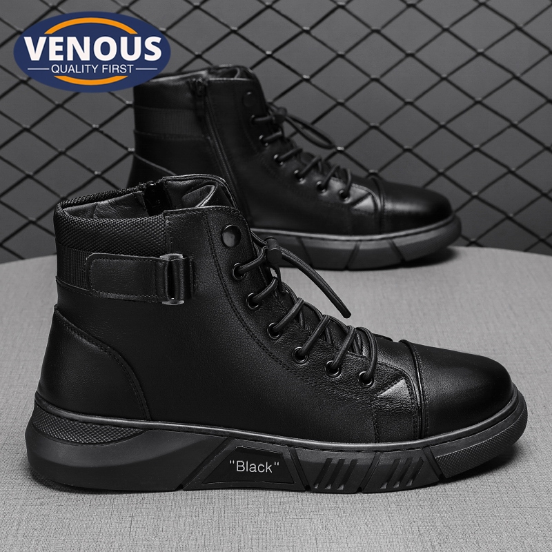 Venous 2025 Kasut Kulit Lelaki Black Leather Shoes for Men Middle Top Retro Original Casual Men's Shoes Fashion Boot 皮鞋男