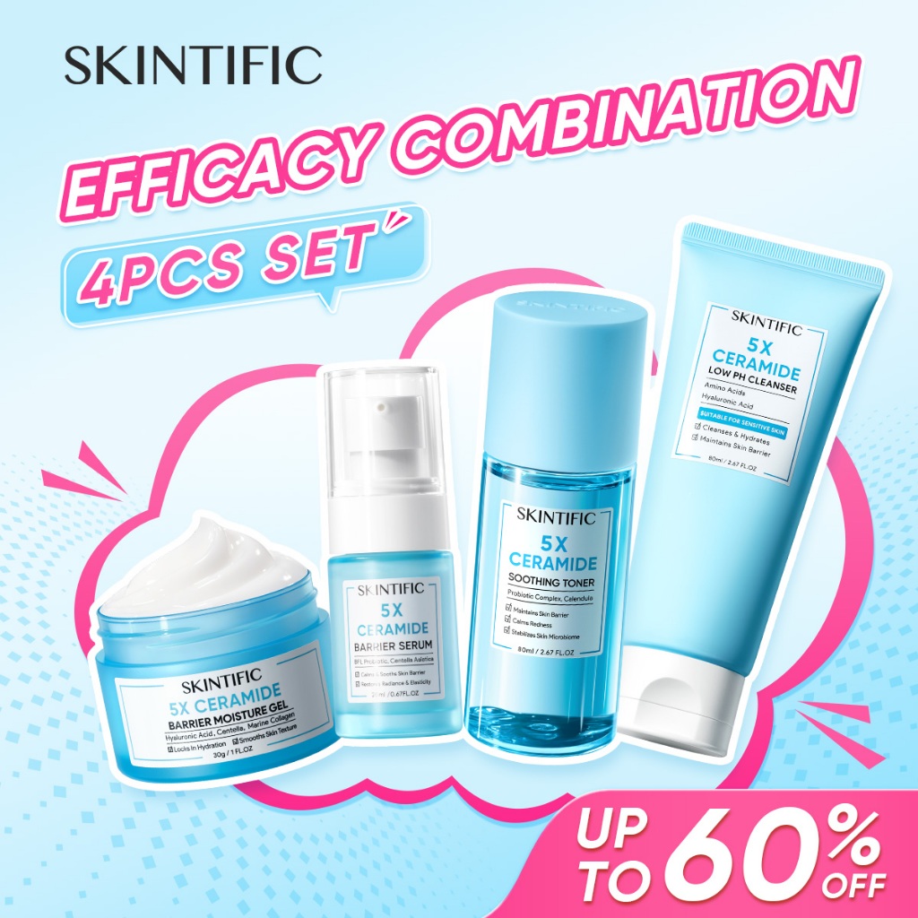 SKINTIFIC Skincare 4pcs Paket Set With Serum Low pH Cleanser Light Spot Repair Morning & Night Routine