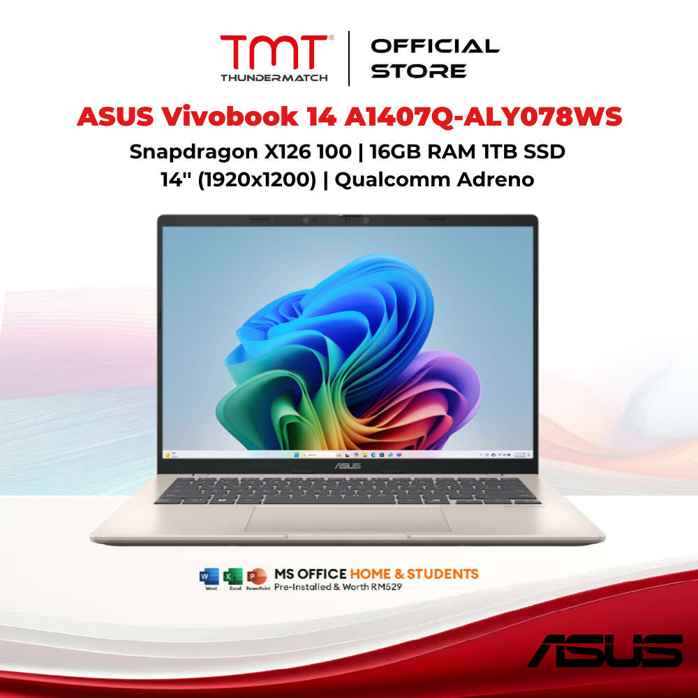 ASUS Vivobook 14 A1407Q-ALY078WS Laptop | Snapdragon X126 100 | 16GB RAM 1TB SSD | 14'' (1920x1200) 