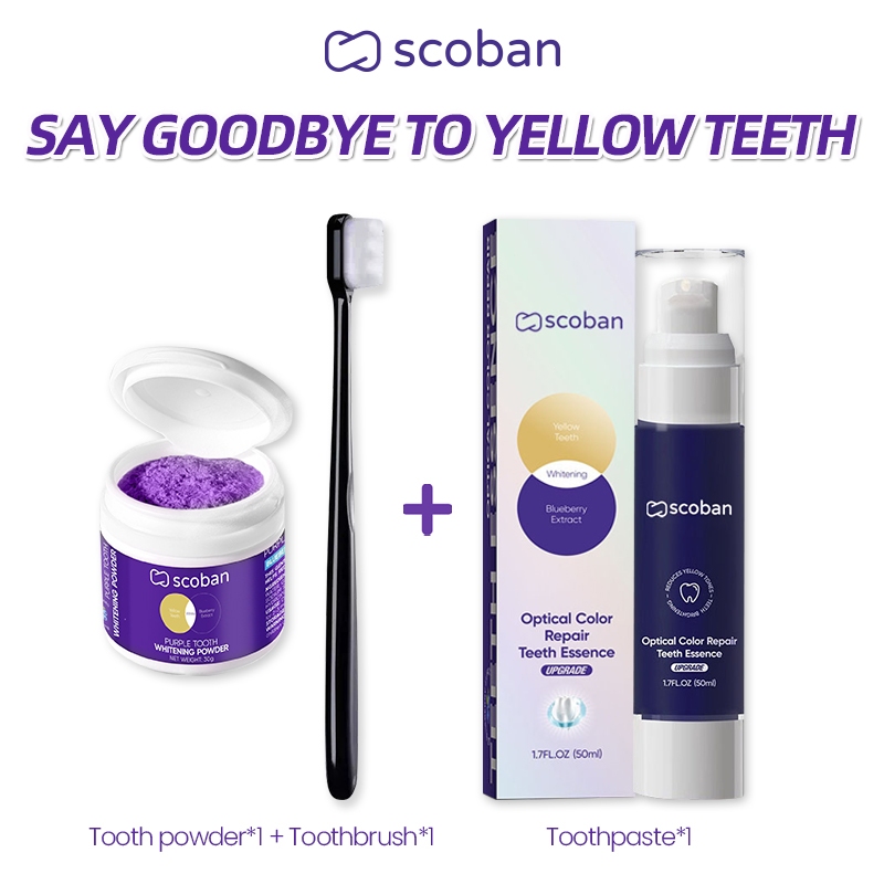 Scoban Purple Toothpaste Teeth Whitening Oral Care Set - Ubat Gigi + Tooth Powder + Toothbrush