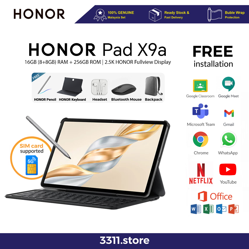 HONOR Pad X9a LTE (8+8)GB RAM 256GB ROM | suitable for office study video editing | 1 year warranty by HONOR Malaysia