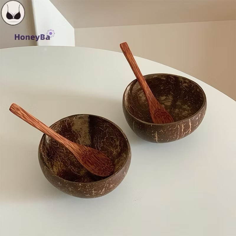 [ 15-16CM ] HANDMADE COCONUT CUP AND SPOON COMBO SMALL SIZE POLISHED - COCONUT BOWL MIXED WITH POWDER