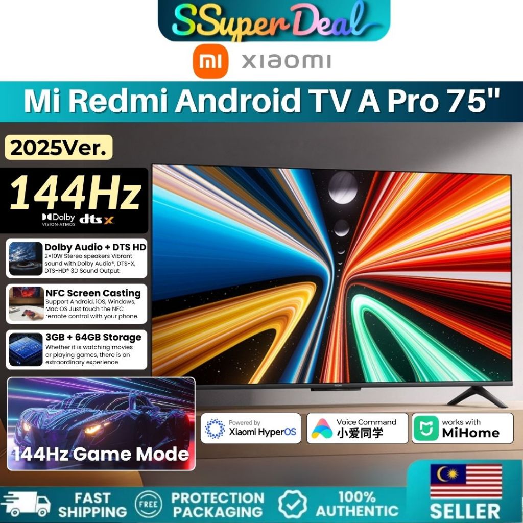2025 Xiaomi Android Smart TV A Pro 75'' 144Hz LED 4K UHD Gaming HDR WiFi 6 HyperOS Redmi TV Monitor 小米智能电视65'' 55''
