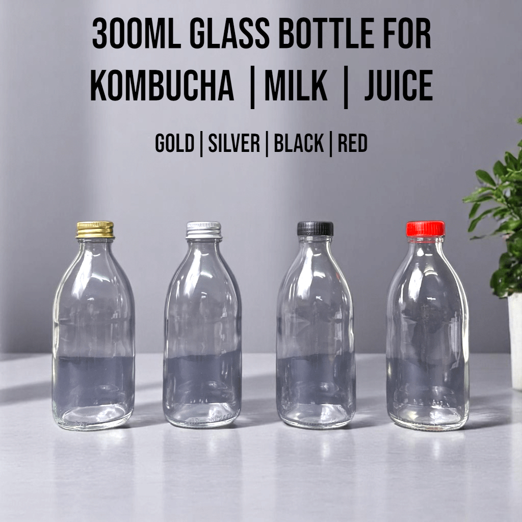 300ml Clear Glass Bottle – Kombucha Bottle / Milk Bottle / Honey Bottle / Juice Bottle – Botol Minuman Kaca 300ml
