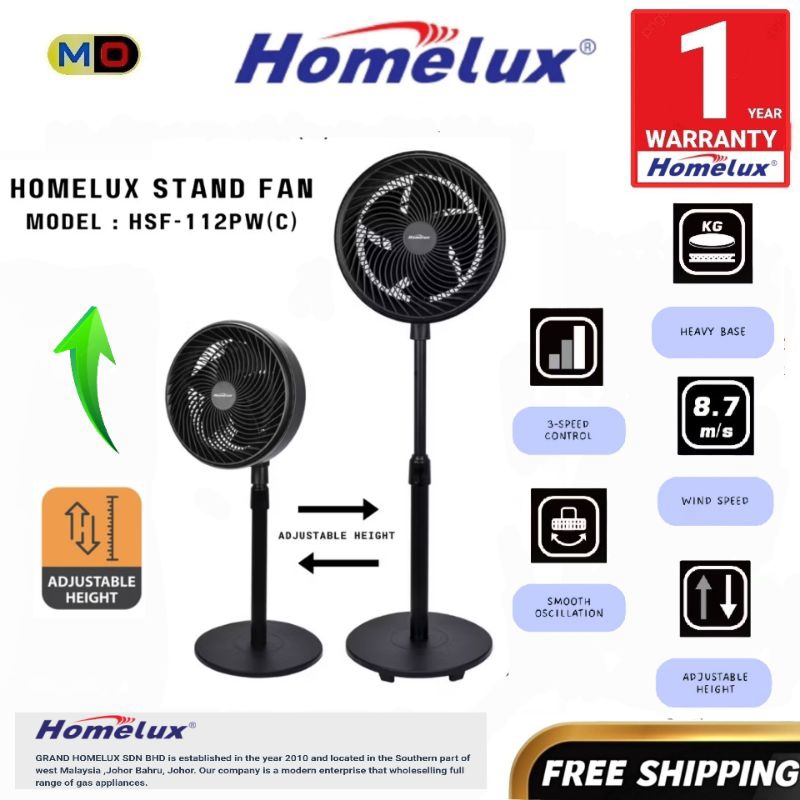 Homelux 12'' Air Circulation Stand Fan / Table Fan / Living Fan / 12'' Fan Blade (Grey) | HSF-112PW  Kipas Angin 風扇家用