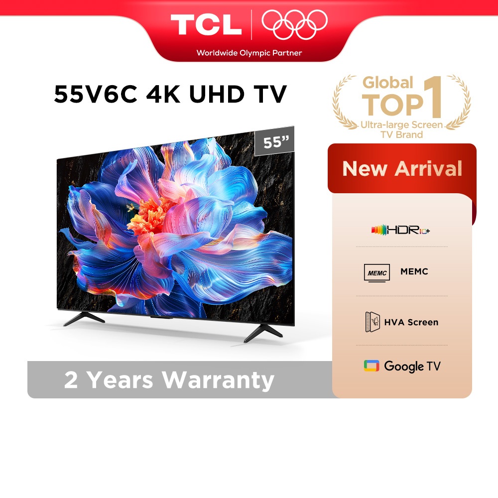 TCL 55 Inch 4K Google TV with HDR 10, Dynamic Color Enhancement, MEMC, HVA Panel, Dolby Audio Televisyen 55V6C