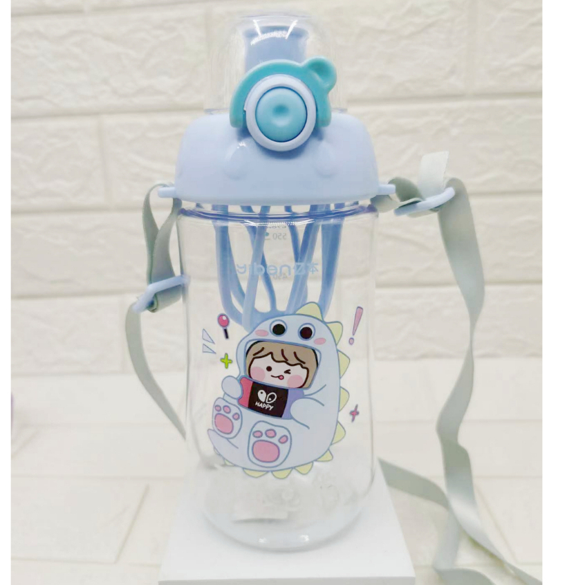 670ML Kids Water Bottle Cute Cartoon Drinking Bottle with Straw and Strap BPA Free Botol Air