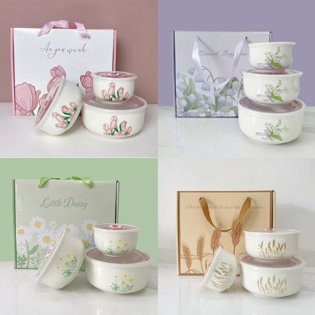 Ceramic Bowl Set 3 pcs Airtight Lid Microwave Safe Proof Food Container Kitchen Essentials Wedding Gift hadiah kahwin