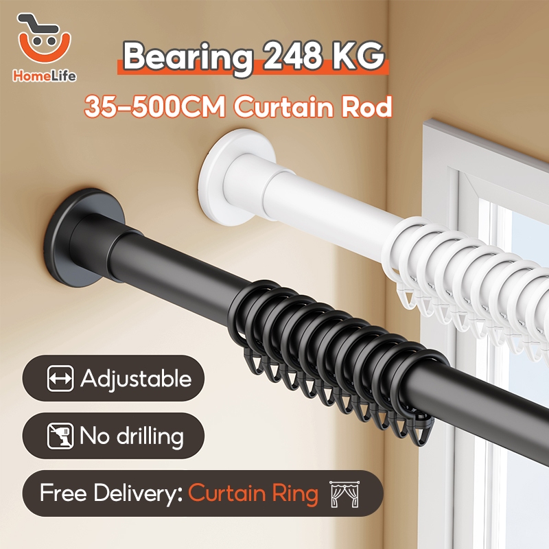 35-520cm Adjustable Curtain Rod Stainless Steel Drying Rack Anti-slip Shower Telescopic Rods Batang Langsir 可伸缩窗帘杆