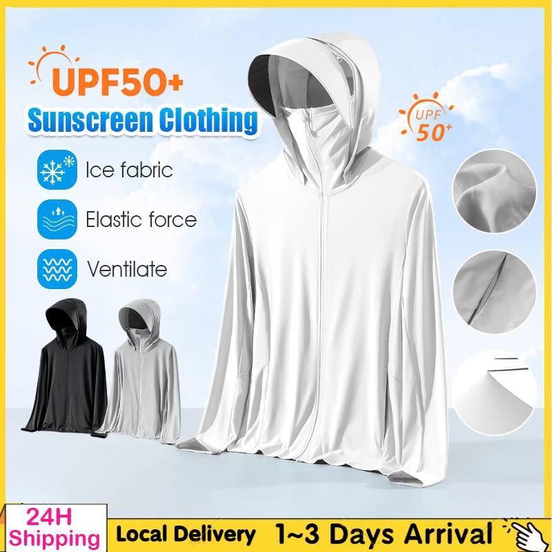 Ice silk sunscreen clothing unisex UPF50+ Sunscreen Clothing with Hat Thin Sunscreen Coat  Shirt Breathable/UV Resistant