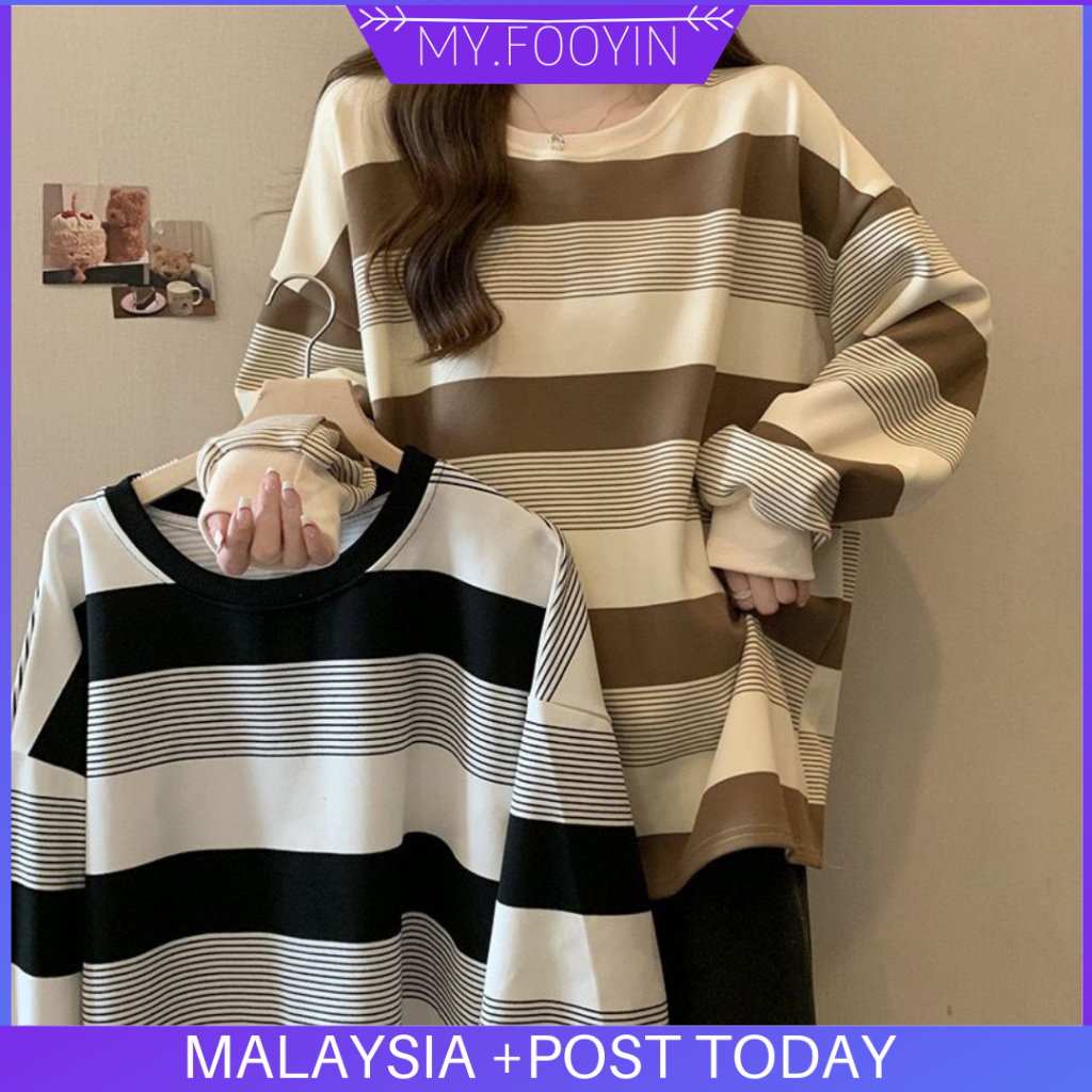 C13 READY STOCK MYFOOYIN Striped Top Blouse Women's Long Sleeve Loose Large Size Casual T Shirt Student Couple Top