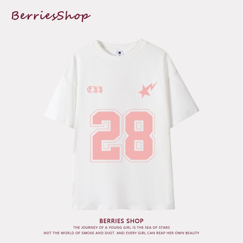 Oversize casual round neck top with 28 printed women's loose short sleeved 100% pure cotton T-shirt