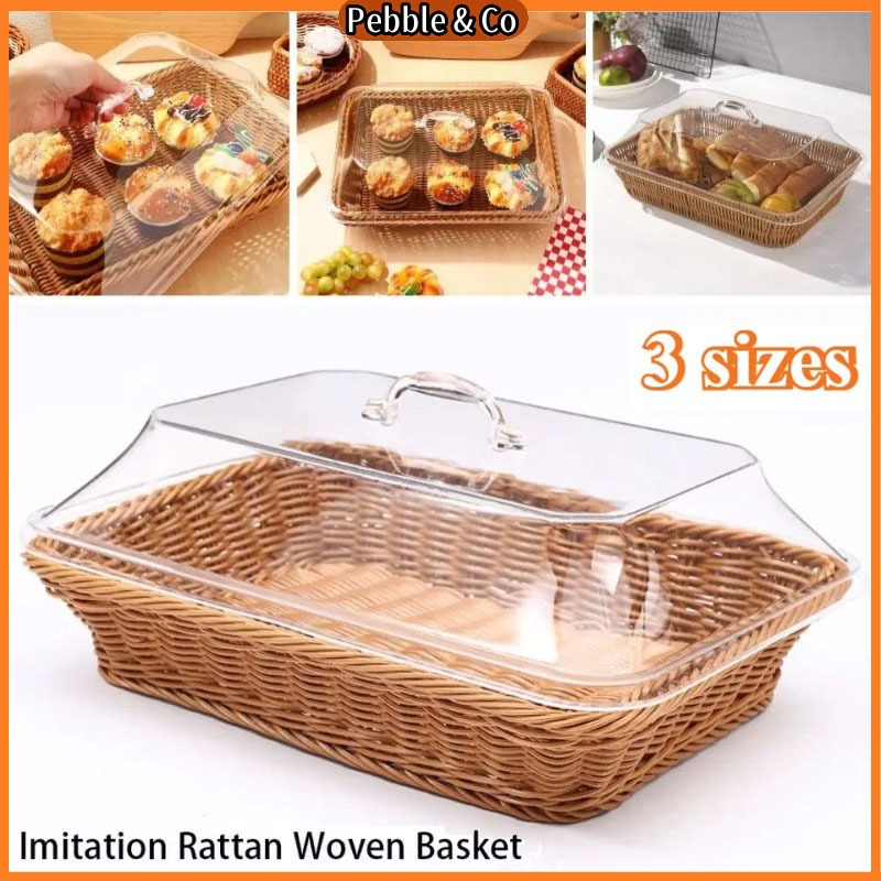 1 bakul tenunan rotan tiruan, bakul paparan roti sayuran dengan tudung akrilik, penyimpanan makanan