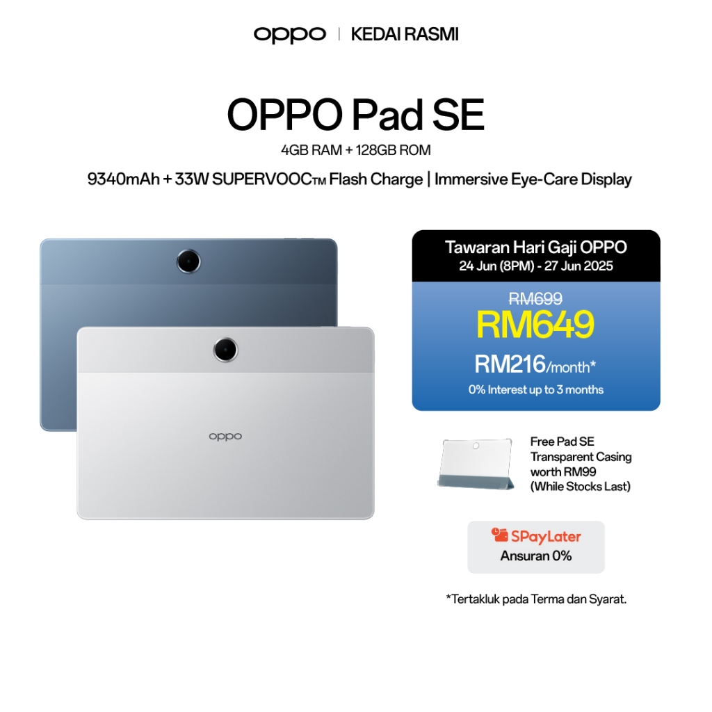 [Online Exclusive] OPPO Pad SE Tablet | Wi-Fi 4+128GB | 9340mAh | 33W SUPERVOOC | Immersive Eye-Care Display | Kids Mode