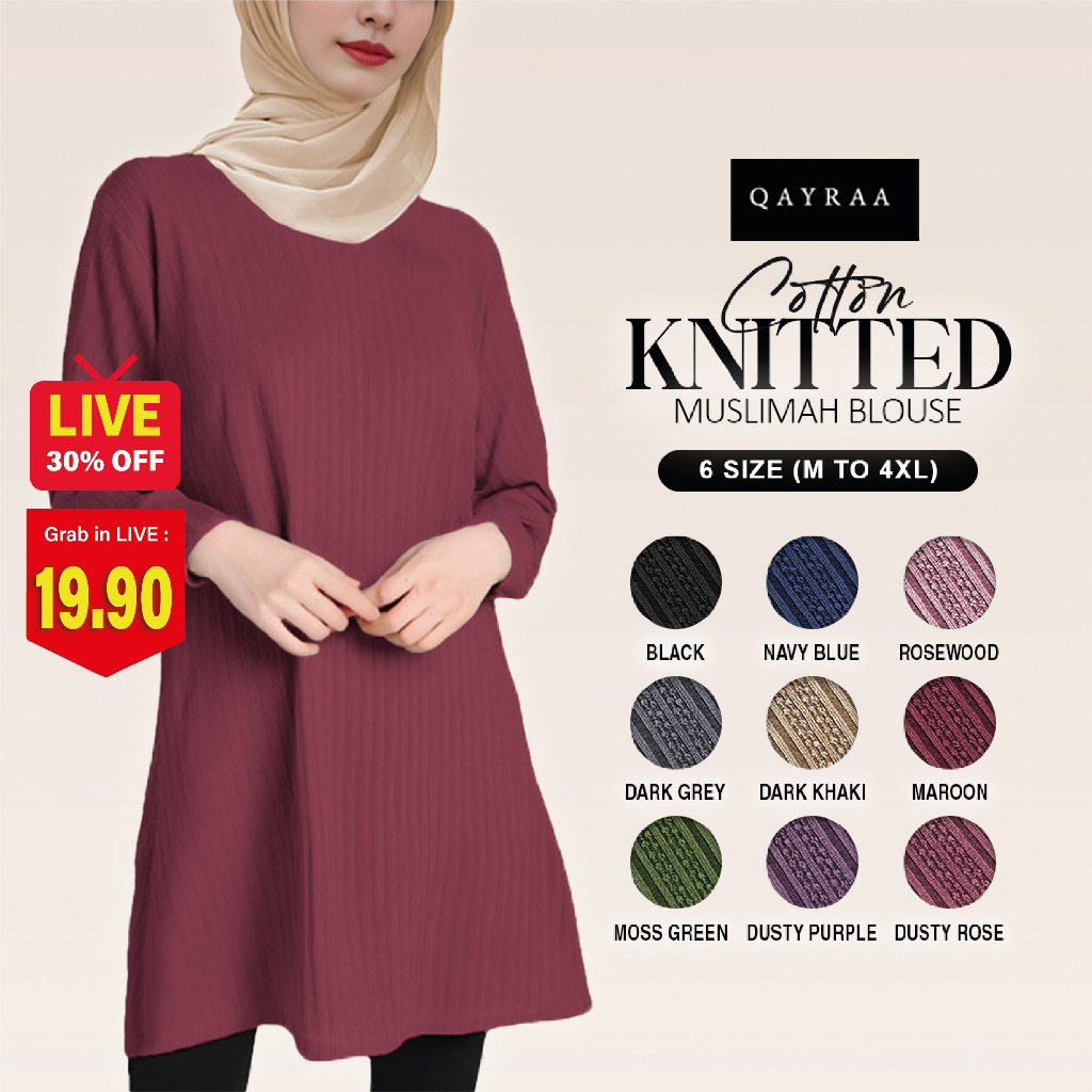 QAYRAA Cotton Knitted Muslimah Blouse Ironless/PREMIUM Muslimah Plain/Baju Sukan Size: M-4XL/Dark Purple/BLACK