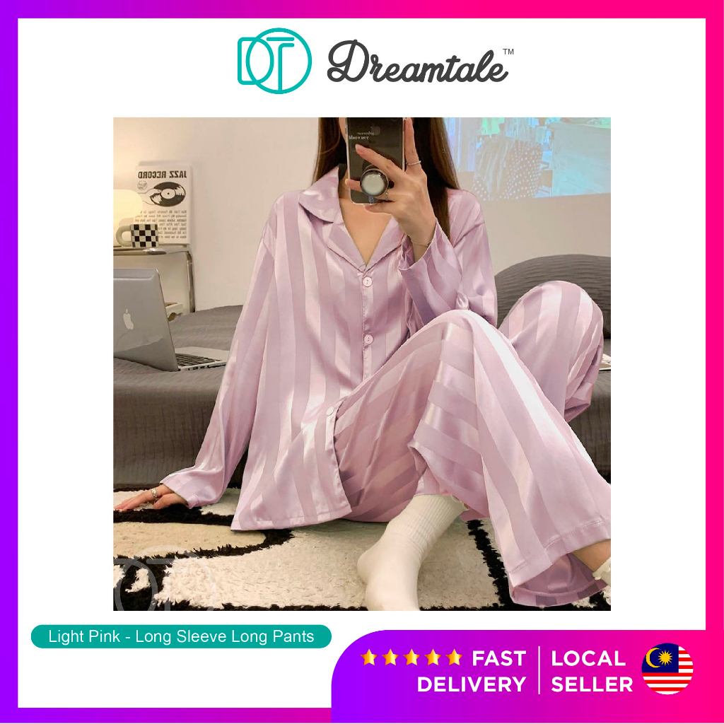 Dreamtale Baju Tidur Perempuan Satin Women Satin Pyjamas Set Short Sleeve Long Pants Long Sleeve Long Pants WCO338