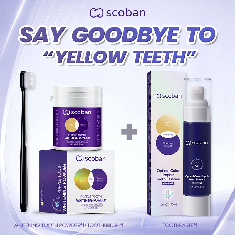 Scoban Purple Toothpaste Teeth Whitening Oral Care Set - Ubat Gigi + Tooth Powder + Toothbrush